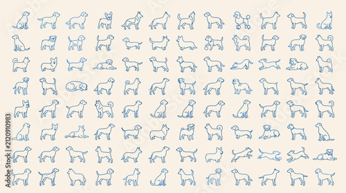 Set of various dog breeds icons outline vector illustration with collection illustration silhouette domestic companion multiple background isolated friendly