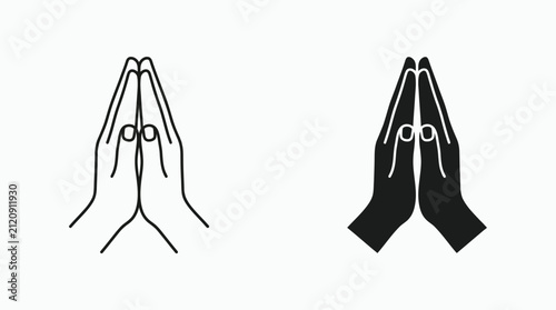 Praying hands outline and solid glyph icons representing faith