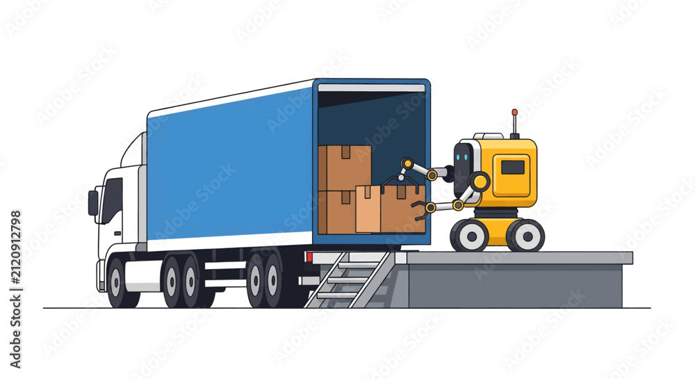Naklejka premium Forklift Unloading Truck with Boxes.