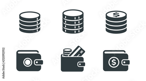 Canvastavla Wallets and coins serve as essential symbols for personal finance and electronic payment systems presented in a clean icon set designed for banking applications and digital financial reporting