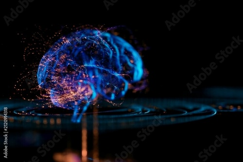 Digital Brain Hologram Hud. Artificial intelligence AI machine deep learning. Business Technology Internet Network Concept. 3D Illustration
