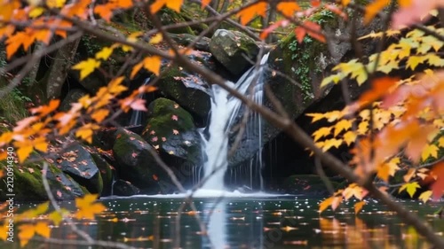 Captivating autumn waterfall cascading into a tranquil pool surrounded by brilliant golden and fiery red foliage, creating a serene and picturesque natural landscape