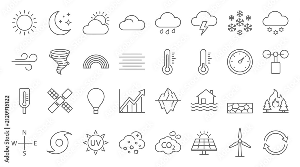 Obraz premium Weather icons set provides a visual representation of various atmospheric conditions and environmental climate patterns.