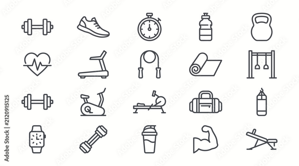 Fototapeta premium Fitness icons collection illustrates various gym equipment and health-related activities for modern training programs.
