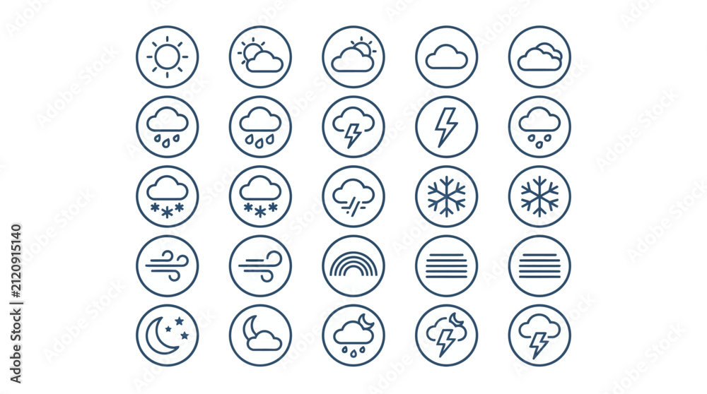 Obraz premium Weather symbols arranged in a grid provide a clear visual guide for meteorological forecasting and climate monitoring applications.