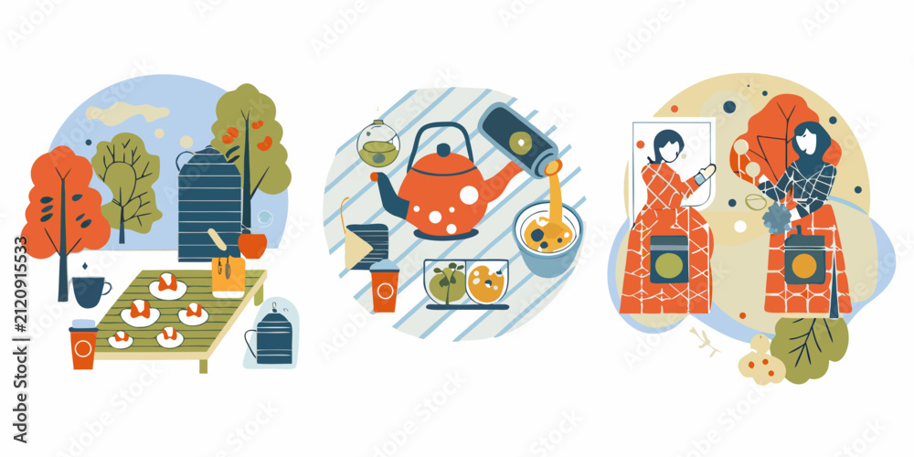 Fototapeta premium Tea Ceremony Scenes Flat Vector Illustration With Geometric Shapes