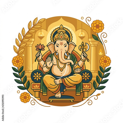Colorful Illustration of Hindu Deity Ganesha Seated on Throne.