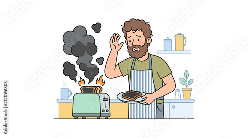 Man with burnt toast and smoking toaster