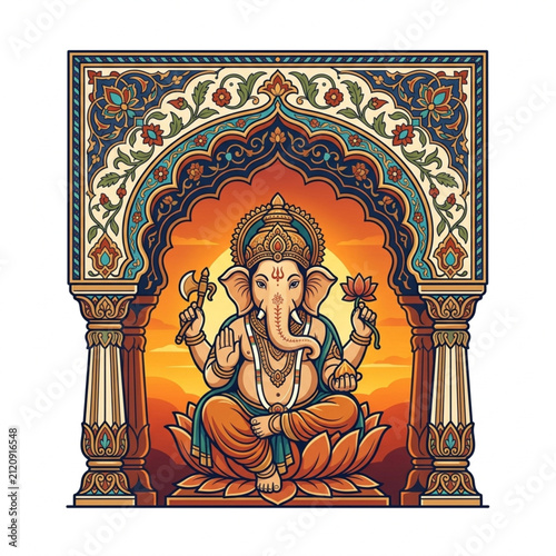 Colorful Illustration of Hindu Deity Ganesha with Ornate Background.