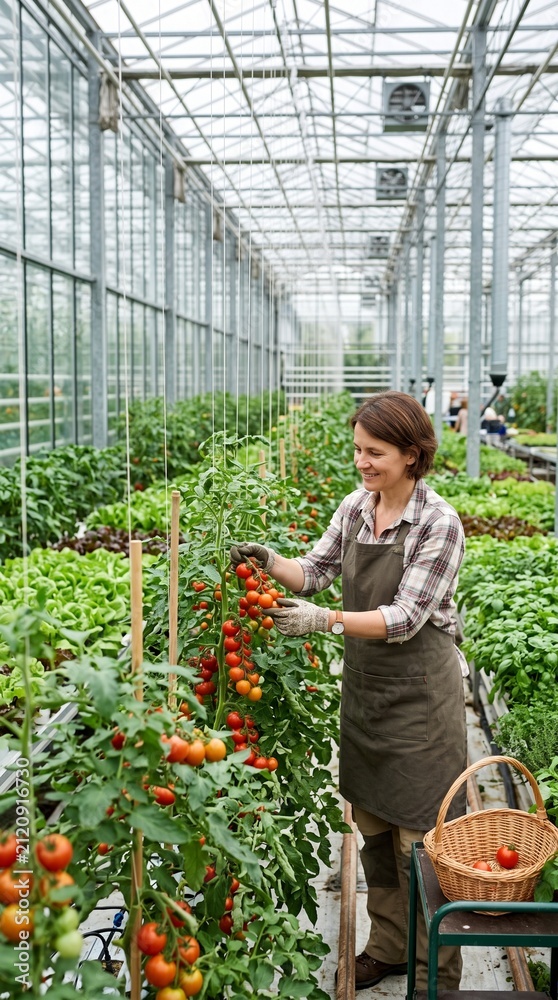 Fototapeta premium Young Woman Working in Organic Vegetable Greenhouse