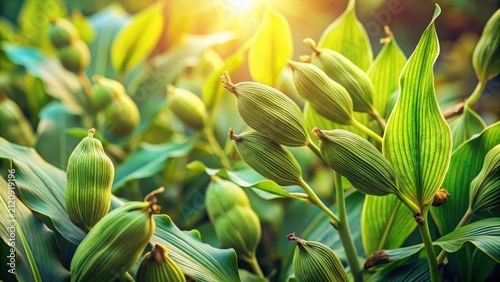 Fresh cardamom plants stand sentinel in soft morning light their green leaves glowing softly amidst muted earthy tones