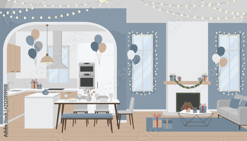 Stylish modern home living room and kitchen decorated beautifully for Christmas with fairy lights, balloons, and gifts.