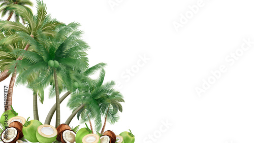 Tropical palm trees and fresh coconuts on transparent background