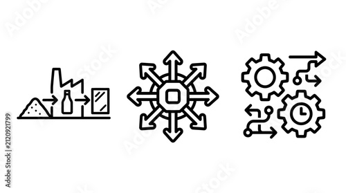 Industrial manufacturing and process optimization line icons with manufacturing industrial optimization production efficiency workflow development management business strategy innovation