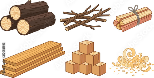 Firewood and Lumber Timber Materials Vector Icon Set Featuring Wood Logs, Tree Twigs, Tied Kindling Bundles, Wooden Planks, Cubes, and Sawdust Shavings
