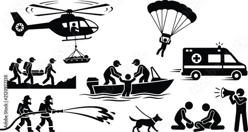 Foto Emergency rescue collection, disaster response icons, search and evacuation oper