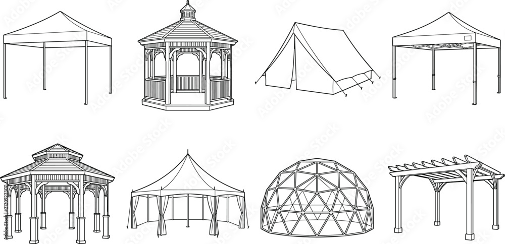 Naklejka premium Outdoor shelter collection, tents gazebos and pergolas, event canopy structures, vector illustration bundle set