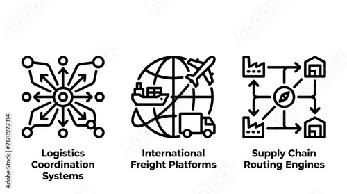 Logistics coordination supply chain and global freight network icons with logistics distribution transport shipping business delivery management international transportation industry