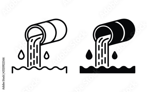 Environmental pollution vector icon showing industrial wastewater sewage pipe discharging toxic liquid waste into water in line and solid style.