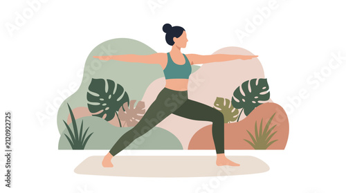 Woman practicing yoga in a warrior pose stands on a mat in front of tropical plant leaves.