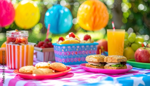 Colorful outdoor picnic table setup with fresh fruits, juice, cookies, and sandwiches for summer party celebration