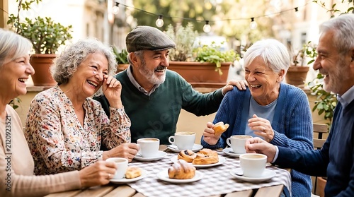 Diverse group of seniors talking at outdoor cafe table.