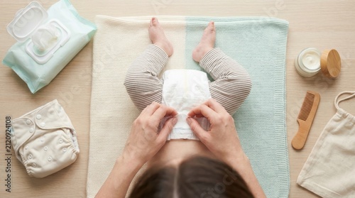 A person's hands change a baby's diaper on a soft blanket surrounded by wipes and cream