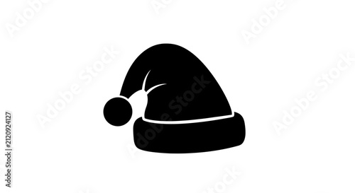 Santa hat with a soft pompom rests as a classic black silhouette icon for winter holiday designs.