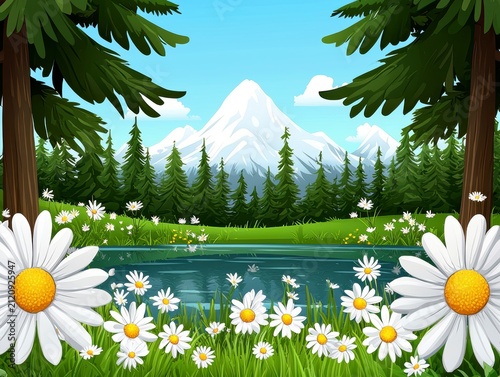 Cartoon Mountain Landscape with Lake, Forest, and Daisies