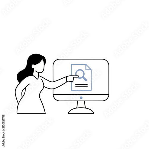 Woman pointing at computer screen with search icon