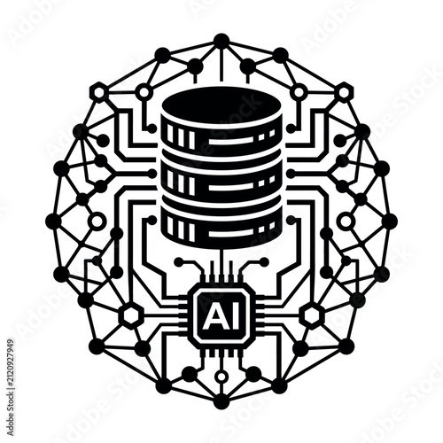 Artificial intelligence data storage icon with circuit board network in black vector style