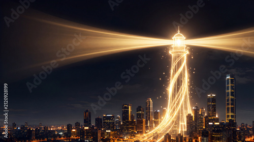 Lighthouse Guiding Business Success Above Modern City Skyline at Night