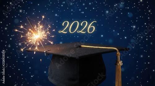 2026 Graduation Celebration: Black Cap, Gold Tassel, Sparkler, year celebration academic success and future opportunities