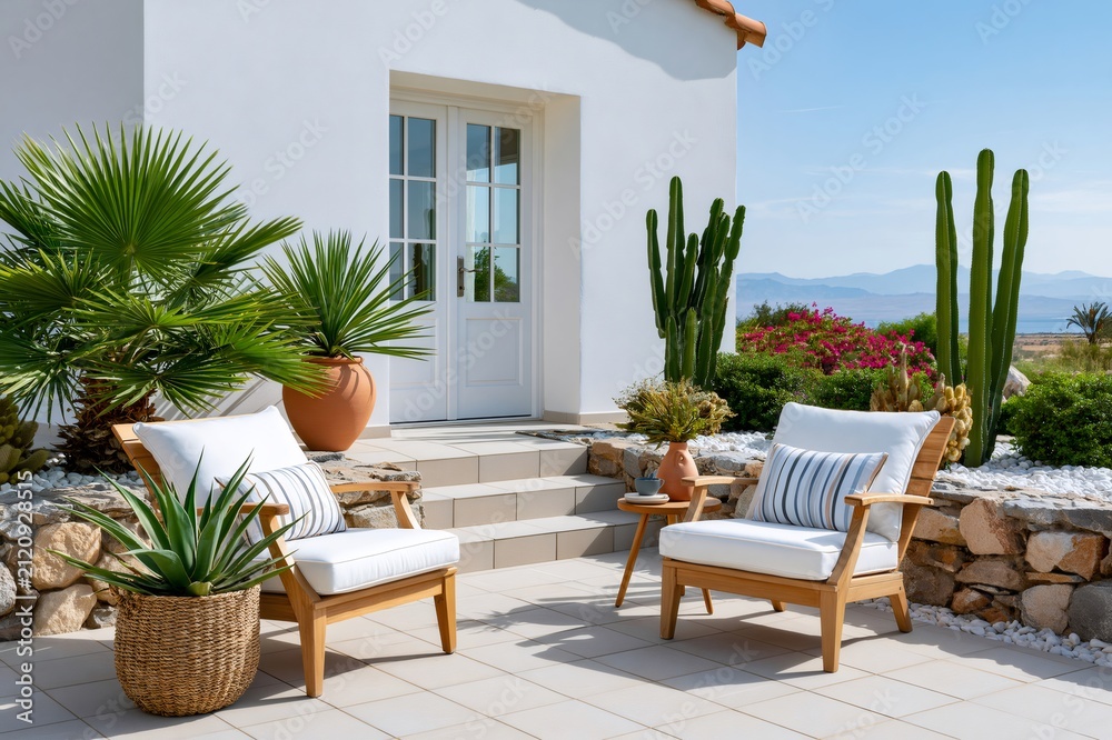 Fototapeta premium Mediterranean style villa patio with outdoor furniture and succulents