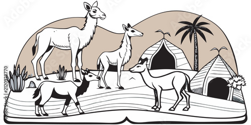 Canvas Print A detailed black-and-white coloring book page illustration featuring a variety of desert-dwelling animals arranged on a white background