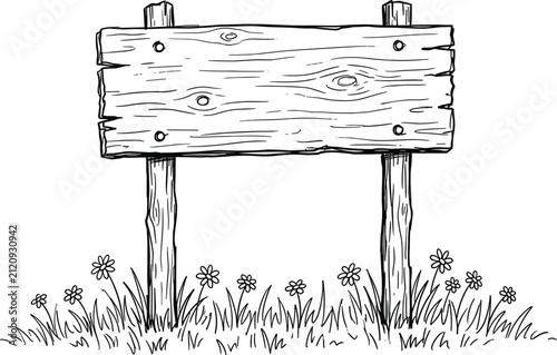 Hand Drawn Wooden Signboard on Grass with Flowers Blank Rustic Banner Outline Sketch for Garden Park Outdoors Camping and Notice Board Layouts
