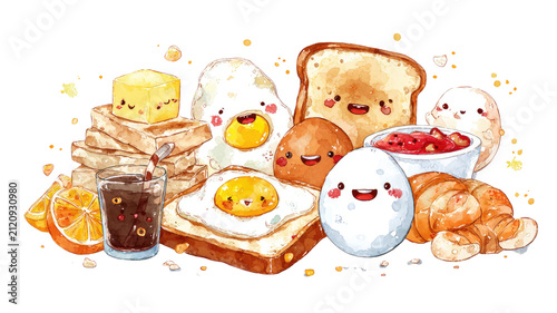 Cute kawaii breakfast food collection with smiling toast eggs croissants butter jam and coffee watercolor illustration isolated on transparent background