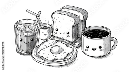 Cute kawaii breakfast with smiling toast fried egg orange juice and iced drink hand drawn outline illustration isolated on transparent background