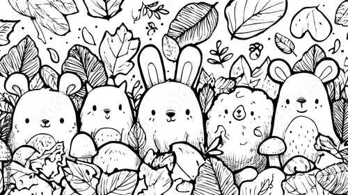 Cute woodland forest animals with bunny bear squirrel and mushrooms hand drawn doodle illustration isolated on transparent background