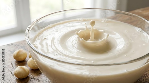 Macadamia nut milk splash in glass bowl close-up.