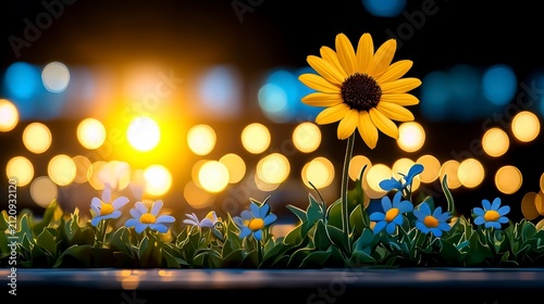 Vibrant Digital Flowers at Night with Dreamy Bokeh Lights