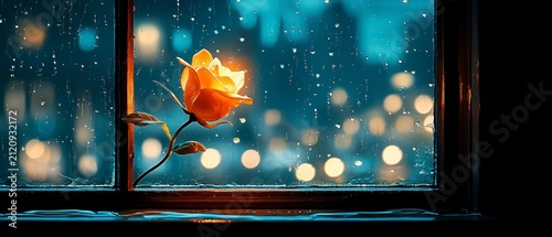 Dreamy Glowing Rose on Rainy Window at Night, Urban Bokeh Background Illustration