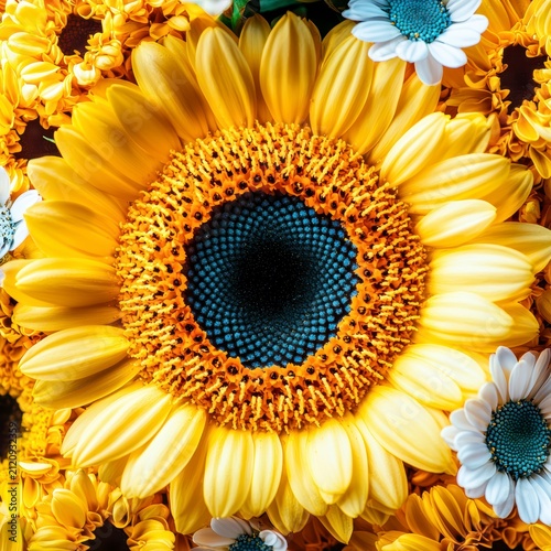 Vibrant Yellow Sunflower Macro Illustration with Striking Blue Center