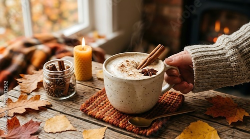 Person holding steaming spice latte at home during autumn by window