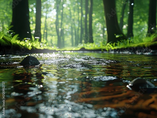 Sunlit Forest Stream with Sparkling Water and Lush Greenery