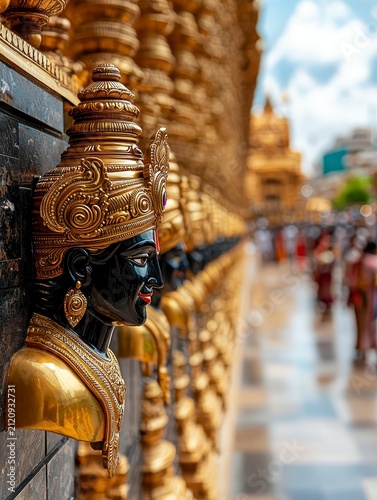 Ornate Golden Hindu Deity Sculpture in Temple with Blurred Background