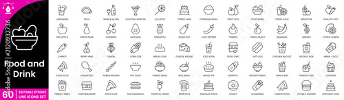 Food and Drink Icons Set Coffee, Tea, Juice, Dessert and Restaurant Beverage Outline Vector