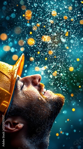Resilient Construction Worker Under Splashing Rain with Bokeh Lights