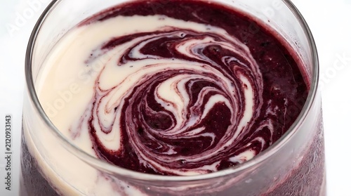 Macro swirl of purple berry smoothie with yogurt.