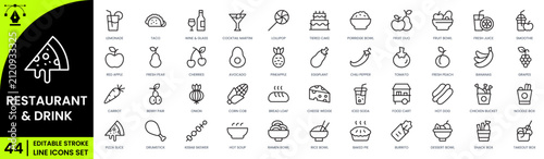 Restaurant Food and Drink Icons Collection Cooking, Dining, Menu and Beverage Outline Vector Set.
